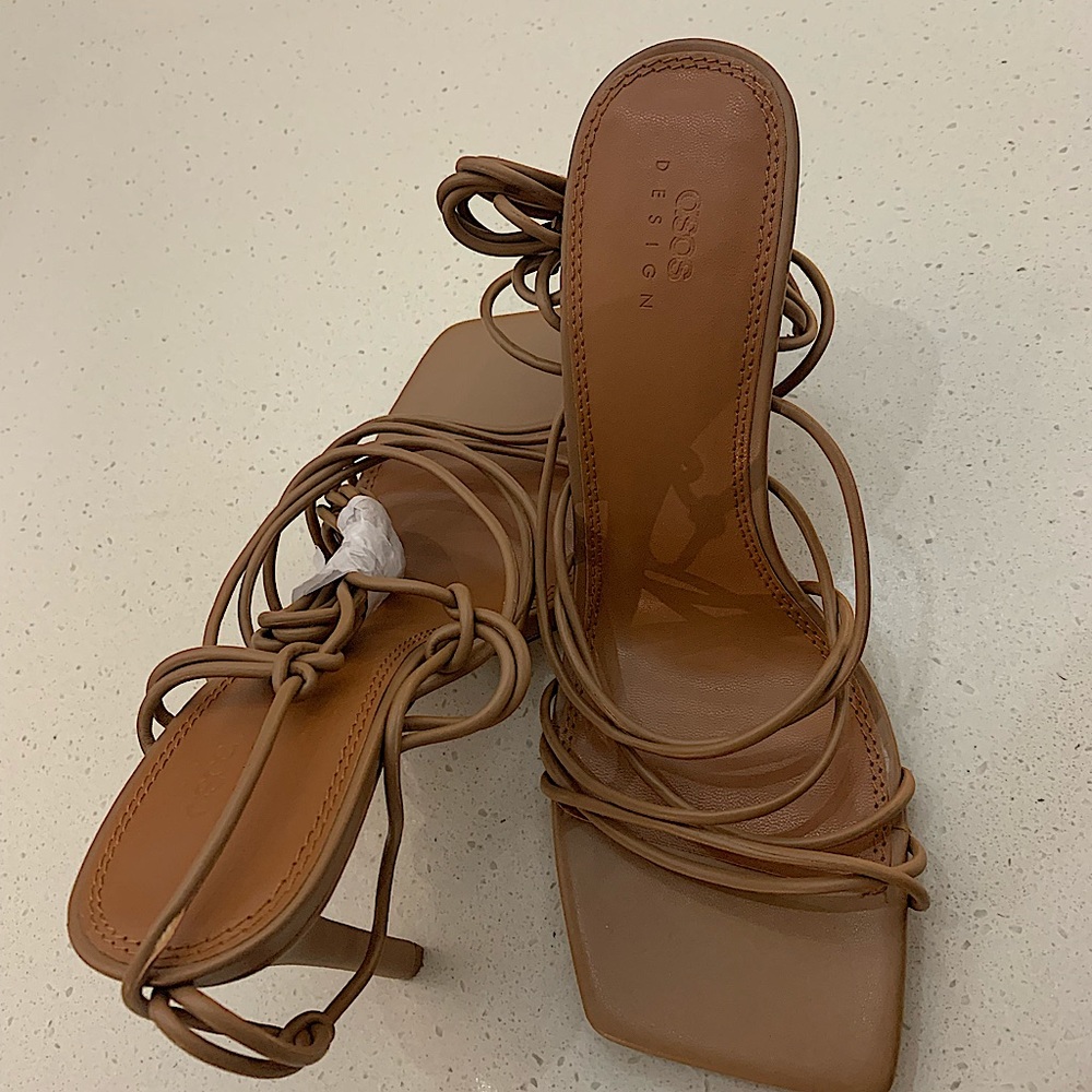 ASOS DESIGN Nina Strappy tie leg heeled sandals in Beige. Size US 10.